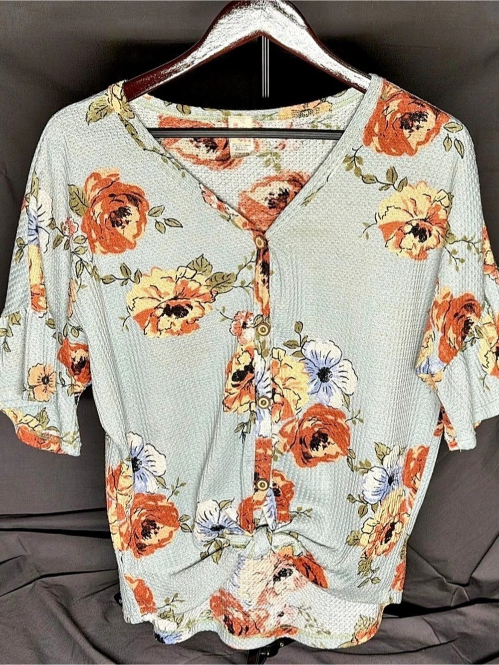 7th Ray Floral Waffle Knit Tie-Front Top (Size Small)